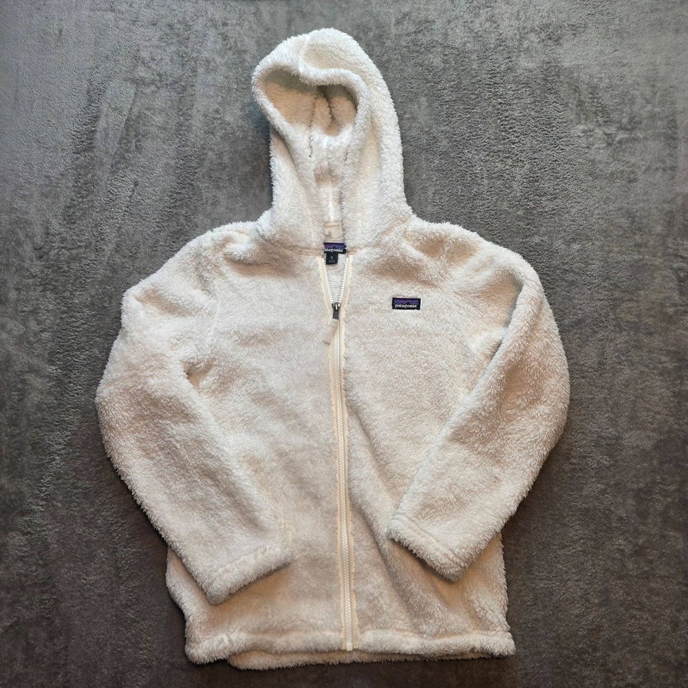 Patagonia Los Gatos Jacket Girls 14 White Soft Fleece Hooded Full Zip Logo